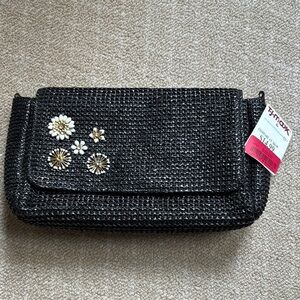 NWT!!! Elegant Black Woven Clutch with Floral Bead Accents
